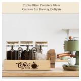 EQEY Glass Coffee Canister Set with Shelf & Spoons 3 Piece Coffee Containers for Ground Coffee Coffee Bean Storage Airtight Seal, Coffee Bar Coffee Filter Holder for Kitchen Organization