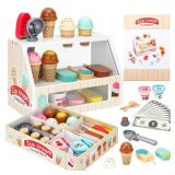 ZJEFUNS Wooden Ice Cream Toys for Kids Ice Cream Counter Shop for Toddlers Pretend Play Food Scoop and Serve with Scoop & Menu & Fake Money for Boys and Girls Ages 3 4 5 6. (Beige)