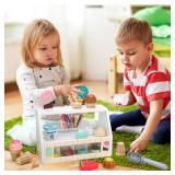 ZJEFUNS Wooden Ice Cream Toys for Kids Ice Cream Counter Shop for Toddlers Pretend Play Food Scoop and Serve with Scoop & Menu & Fake Money for Boys and Girls Ages 3 4 5 6. (Beige)