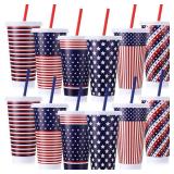 Funnymoom 24 Pcs American Flag Patriotic Plastic Cups with Lid and Straw 24oz Reusable 4th of July Plastic Tumbler Star Stripe Cups for Party Beverage Independence Day Gift Memorial Day Party Supplies