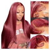 Fiumer Burgundy Wig Human Hair 30inch 13x6 HD Transparent Lace Straight 99J Red Human Hair Wig Colored Reddish Brown Lace Frontal Wigs 180% Density Pre Plucked