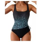 Medium Eomenie One Piece Swimsuit for Women Tummy Control Ruched Slimming Bathing Suit Drawstring Leopard Swimwear