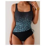 Medium Eomenie One Piece Swimsuit for Women Tummy Control Ruched Slimming Bathing Suit Drawstring Leopard Swimwear