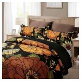 Tyrot 2 Piece Black Boho Floral Twin Size Quilt Sets Farmhouse Botanical Reversible Lightweight Bedspread Coverlet with 1 Sham Mid Century Microfiber Bedding Quilts Set for All Season, 68