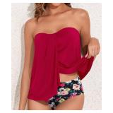 Tempt Me Red Flowers Two Piece Tankini Bathing Suits for Women Halter Bandeau Swim Top with Bottom Flyaway Tummy Control Swimsuit M