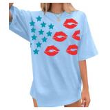 QLIPIN 4th of July Shirts USA Shirts Women American Flag T-Shirt Oversized Patriotic Stars Lips Graphic Tee
