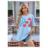 QLIPIN 4th of July Shirts USA Shirts Women American Flag T-Shirt Oversized Patriotic Stars Lips Graphic Tee
