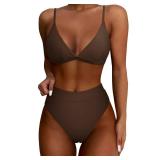 SUUKSESS Women Sexy High Waisted Two Piece Bikini Sets Triangle High Cut Swimsuit Push Up Bathing Suit (Deep Brown, XL)