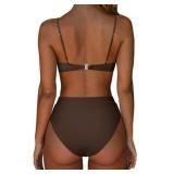 SUUKSESS Women Sexy High Waisted Two Piece Bikini Sets Triangle High Cut Swimsuit Push Up Bathing Suit (Deep Brown, XL)