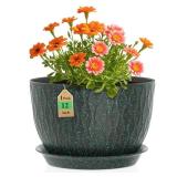 WSMKSZ 12 Inch Wide Water Ripples Flower Pots for Indoor or Outdoor Plants, Large Plant Pots with Drainage Holes & Saucer, Plastic Planters Set for Garden & Home Decor (Black with Green Speckles)