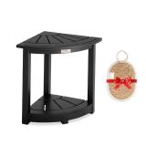 VICTORY RELAX Acacia Corner Shower Stool, Waterproof Spa Foot Rest & Bath Bench with Storage Shelf & Soap Dish, Ideal for Bathroom, Shaving Legs, or as Small Corner Table/Step Stool (Black)