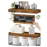 QEEIG Bathroom Shelves Over Toilet - Paper Storage Wall Mounted Farmhouse Decor Decorations Chalkboard Small Floating Shelf 2+1 Set 16 inch, Rustic Brown (021BN)