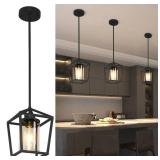 (Small chip in Glass)JIAYASHOUS Black Pendant Lights Kitchen Island, 1-Light Light Fixtures, Farmhouse Island Lighting,Lantern Pendant Light for Hallway Foyer Dinning Room with Clear Glass Shade, Adju