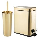 mDesign Metal Freestanding Slim Toilet Bowl Brush and Holder + Rectangle Narrow 5 Liter / 1.3 Gallon Step Pedal Trash Can Wastebasket for Bathroom - Small, Compact Design - Set of 2 - Soft Brass
