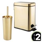 mDesign Metal Freestanding Slim Toilet Bowl Brush and Holder + Rectangle Narrow 5 Liter / 1.3 Gallon Step Pedal Trash Can Wastebasket for Bathroom - Small, Compact Design - Set of 2 - Soft Brass