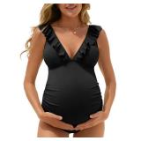 Summer Mae Ruffle Maternity Swimsuit One Piece V-Neck Pregnancy Bathing Suit Lace Up Swimwear Push Up Monokini Ribbed Black Small