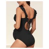 Summer Mae Ruffle Maternity Swimsuit One Piece V-Neck Pregnancy Bathing Suit Lace Up Swimwear Push Up Monokini Ribbed Black Small