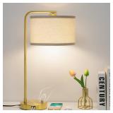 Fully Dimmable Bedside Lamp with C+A USB Ports, Mordern Gold Nightstand Lamp Desk Reading Lamp with Beige Drum Shade, Tall Side Table Lamp for Living Room Bedroom Office, 9W LED Bulb Included