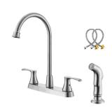 KirlystonE Kitchen Faucet with Side Sprayer, Brushed Nickel 2-Handle Faucet for 4 Holes Kitchen Sink