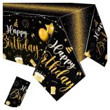 Tudomro 3 Pcs Happy Birthday Tablecloths Happy Birthday Party Decorations Plastic Table Cover Rectangular Cloths for Women Men Baby Shower Party Supplies, 108 x 54 Inch (Black Gold)