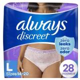 Always Discreet Adult Incontinence Underwear for Women and Postpartum Underwear, Large, Up to 100% Bladder Leak Protection, 28 Count
