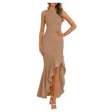 PRETTYGARDEN Wedding Guest Dresses for Women 2025 Summer Formal Gala Maxi Dress Ruffle Mermaid Cocktail Long Dresses(Khaki,Medium)