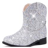 Motasha Toddler Girls Cowgirl Boots Silver Cowboy Boot for Big Kids Western Ankle Boys Cowgirl Boot Size 1 Horse Riding Shoes Birthday Party Wedding (M7111 Sequin Silver 1)