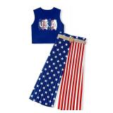 BAVADER Girls 4th of July Outfit Letter Print Crop Tank Tops + Pleated Wide Leg Pants Color Block 4th of July Outfits for Teen Girls Fourth of July Outfit for Girls