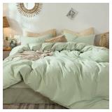 MooMee Bedding Duvet Cover Set 100% Washed Cotton Linen Like Textured Breathable Durable Soft Comfy (Heathered Seaglass Green, Cal King 104\"x98\")