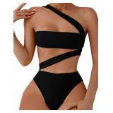 Lilosy Sexy Cutout Tube One Shoulder Swimsuit High Waist Piece Cheekly Bikini Brazilian Women Bandeau Bathing Suit Black 2# Medium