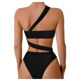 Lilosy Sexy Cutout Tube One Shoulder Swimsuit High Waist Piece Cheekly Bikini Brazilian Women Bandeau Bathing Suit Black 2# Medium