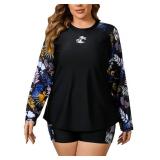 JOYBIK Women Plus Size Long Sleeve Rash Guard Built in Bra Swim Shirt and Shorts with Pockets UPF50+ Two Piece Swimsuit Black Leafs 3X