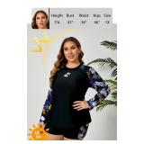 JOYBIK Women Plus Size Long Sleeve Rash Guard Built in Bra Swim Shirt and Shorts with Pockets UPF50+ Two Piece Swimsuit Black Leafs 3X