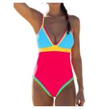 popvil Red Color Block One Piece Bathing Suit for Women V Neck Swimsuit Plunge Shell Trim Swimwear Tie Back M