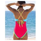 popvil Red Color Block One Piece Bathing Suit for Women V Neck Swimsuit Plunge Shell Trim Swimwear Tie Back M