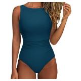 SUUKSESS Women Sexy One Piece Tummy Control Swimsuit Ruched High Neck Slimming Swimwear 2025 Low Back Bathing Suit(Peacock Blue,Small)