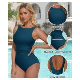 SUUKSESS Women Sexy One Piece Tummy Control Swimsuit Ruched High Neck Slimming Swimwear 2025 Low Back Bathing Suit(Peacock Blue,Small)