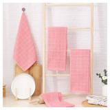 Homaxy 100% Cotton Terry Kitchen Towels(Pink, 13 x 28 inches), Checkered Designed, Soft and Super Absorbent Dish Towels, 4 Pack