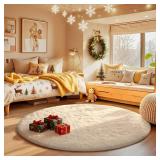 Ophanie Round Rugs 5Ft Ivory Circle Area Rug, Aesthetic Room Decor, Fluffy Fuzzy Bedroom Carpet, Plush Soft Shaggy Cream Living Room Rugs for Kids Home Decor, Nursery
