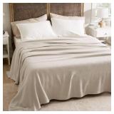 Bedsure GentleSoft 100% Cotton Blanket Queen Size for Bed - Breathable and Lightweight, Soft Cozy Textured Herringbone Woven Blanket for Summer, Linen Beige, 90x90 inches