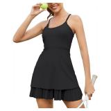 Tennis Athletic Dress for Women with Pockets Pleated Workout Dress Built-in Bra & Shorts Athletic Dress for Exercise Golf Dresses Black S