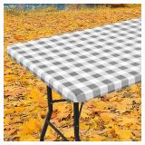 Smiry Rectangle Picnic Table Cloth, Elastic Waterproof Fitted Vinyl Tablecloths, Flannel Backed Buffalo Plaid Table Covers for Dining, Camping, Outdoor (White and Grey, 36\" x 96\")