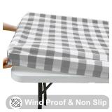 Smiry Rectangle Picnic Table Cloth, Elastic Waterproof Fitted Vinyl Tablecloths, Flannel Backed Buffalo Plaid Table Covers for Dining, Camping, Outdoor (White and Grey, 36\" x 96\")