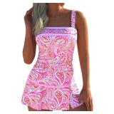 ROSEWE Womens Tummy Control Tankini Bathing Suits, Two Piece Ruched Swimsuits, Floral Print Swimdress with Skirt