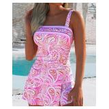 ROSEWE Womens Tummy Control Tankini Bathing Suits, Two Piece Ruched Swimsuits, Floral Print Swimdress with Skirt