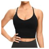 Lemedy Women Sports Bras Strappy Longline Fitness Padded Workout Yoga Running Crop Tank Tops (Black, Large)