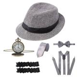 RAINDEWLL 1920s Accessories for Men 20s Gatsby Gangster Costume Accessories Set Fedora Hat Suspenders Grey