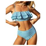ZAFUL Layered Ruffle Bikini for Women High Waisted Bikini Sets Spaghetti Bandeau Swimsuits Padded Bathing Suit Blued Strip M
