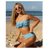 ZAFUL Layered Ruffle Bikini for Women High Waisted Bikini Sets Spaghetti Bandeau Swimsuits Padded Bathing Suit Blued Strip M