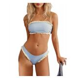 SOLY HUX Bandeau Bikini Sets for Women Ruffle Trim Strapless High Waisted Bathing Suit Two Piece Swimsuit Blue and White Medium